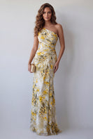 Laden Sie das Bild in den Galerie-Viewer, Ein Schulter, hellgelbes, geplissiertes, plissiertes Meerjungfrauen-Festkleid mit einer Schulter