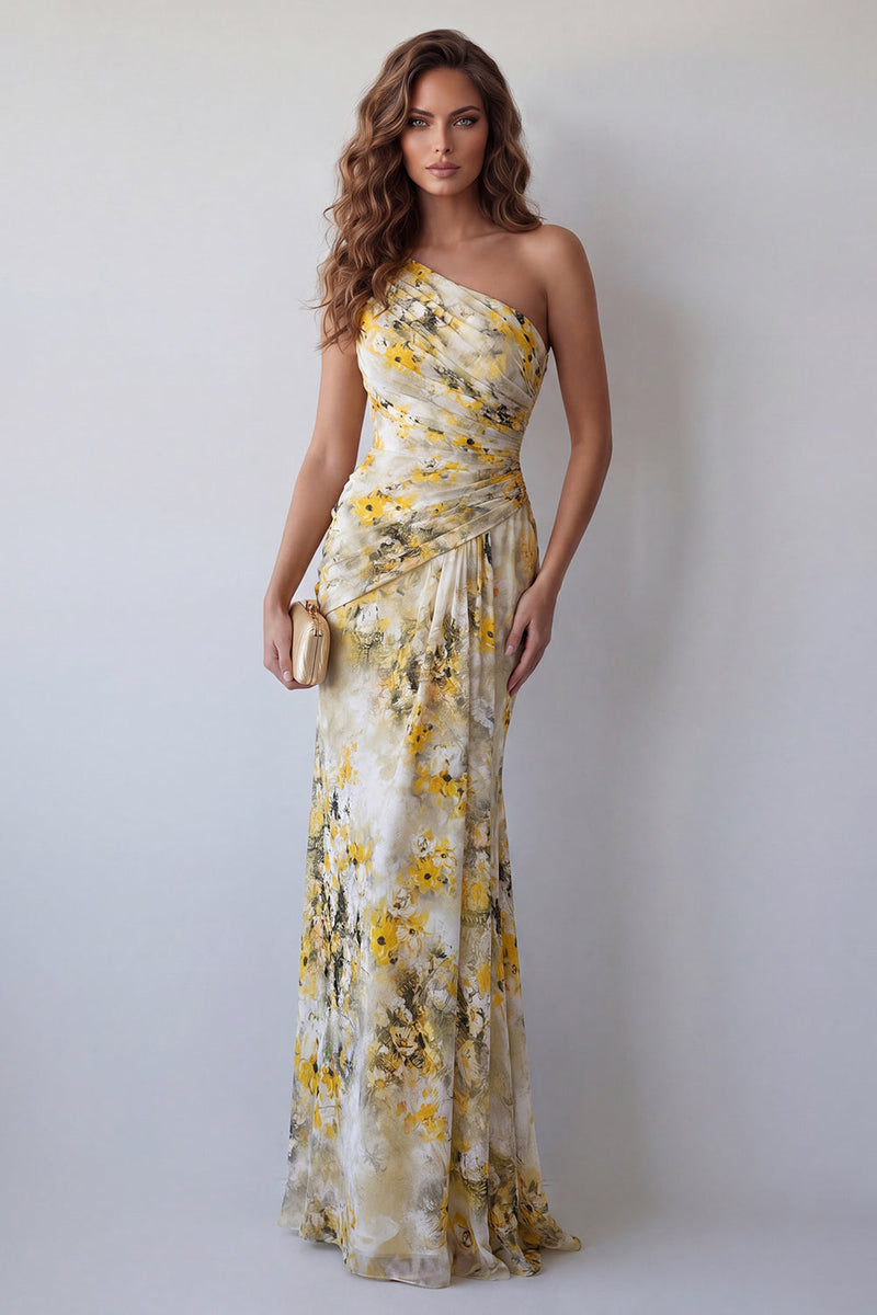 Laden Sie das Bild in den Galerie-Viewer, Ein Schulter, hellgelbes, geplissiertes, plissiertes Meerjungfrauen-Festkleid mit einer Schulter
