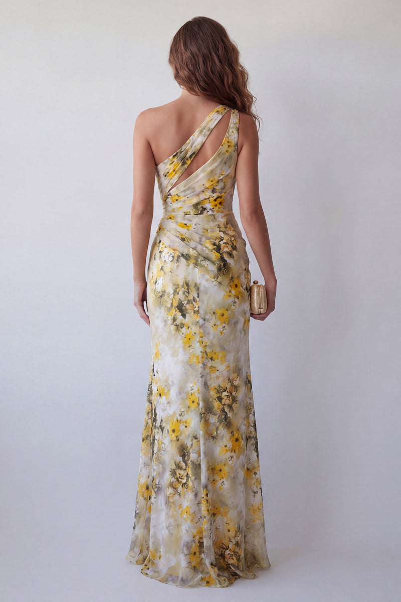 Laden Sie das Bild in den Galerie-Viewer, Ein Schulter, hellgelbes, geplissiertes, plissiertes Meerjungfrauen-Festkleid mit einer Schulter