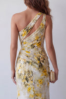 Laden Sie das Bild in den Galerie-Viewer, Ein Schulter, hellgelbes, geplissiertes, plissiertes Meerjungfrauen-Festkleid mit einer Schulter
