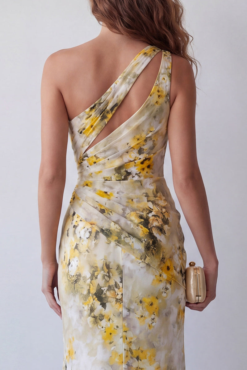 Laden Sie das Bild in den Galerie-Viewer, Ein Schulter, hellgelbes, geplissiertes, plissiertes Meerjungfrauen-Festkleid mit einer Schulter