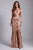Laden Sie das Bild in den Galerie-Viewer, Glitzerndes Champagner-Satin-Meerjungfrauen-Festkleid mit Schlitz