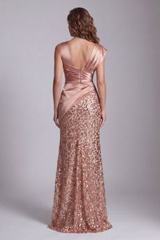 Glitzerndes Champagner-Satin-Meerjungfrauen-Festkleid mit Schlitz