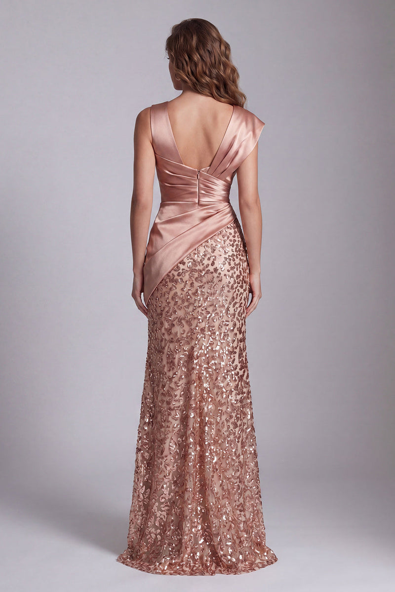 Laden Sie das Bild in den Galerie-Viewer, Glitzerndes Champagner-Satin-Meerjungfrauen-Festkleid mit Schlitz