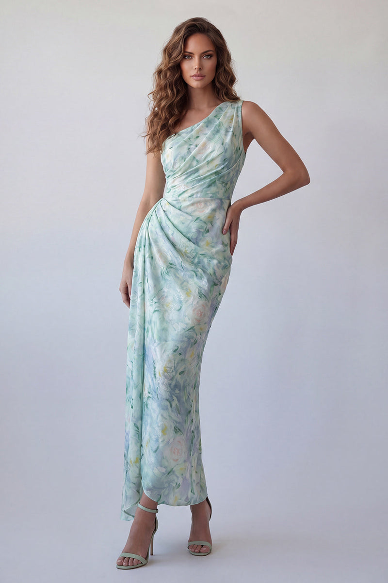 Laden Sie das Bild in den Galerie-Viewer, Ein schulterfarbenes, hellgrünes, gerafftes Meerjungfrauen-Festkleid mit einer Schulter