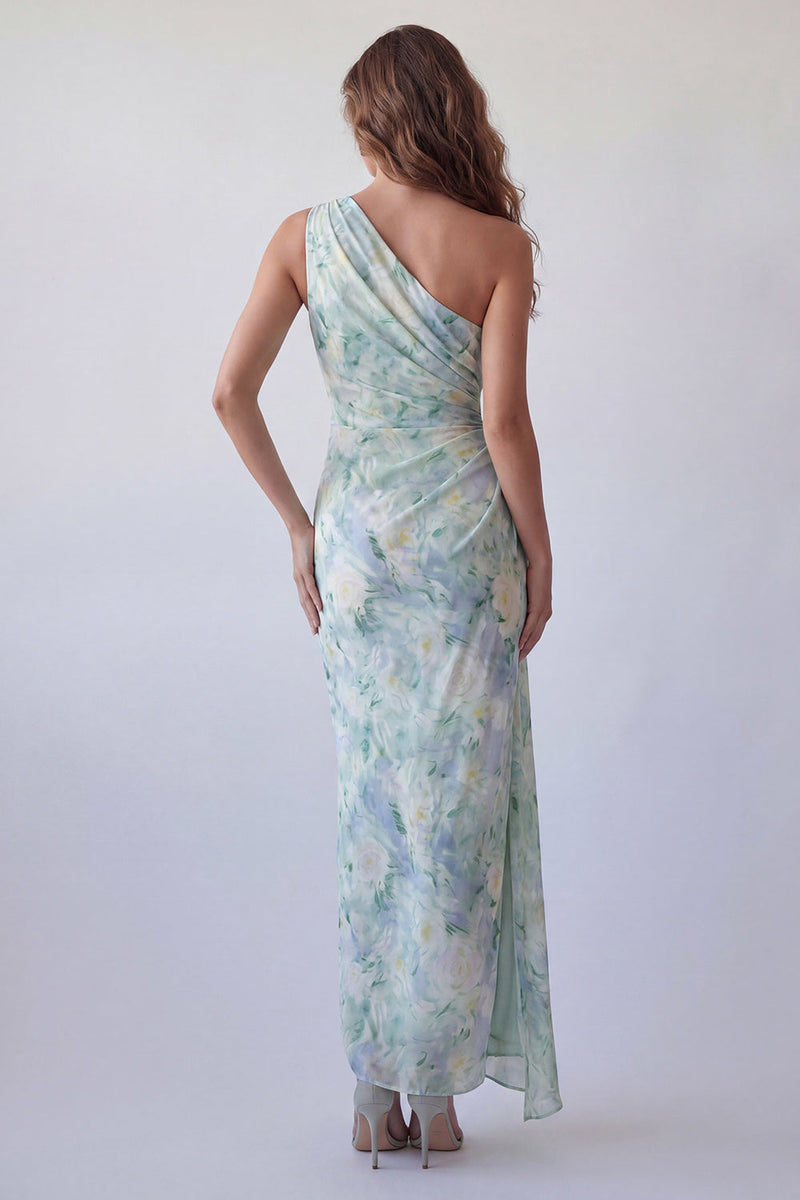 Laden Sie das Bild in den Galerie-Viewer, Ein schulterfarbenes, hellgrünes, gerafftes Meerjungfrauen-Festkleid mit einer Schulter