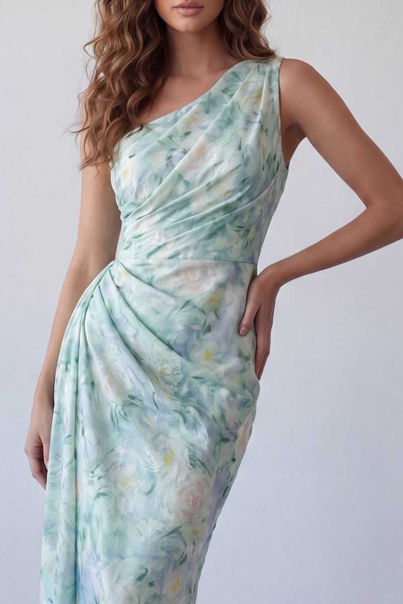 Laden Sie das Bild in den Galerie-Viewer, Ein schulterfarbenes, hellgrünes, gerafftes Meerjungfrauen-Festkleid mit einer Schulter