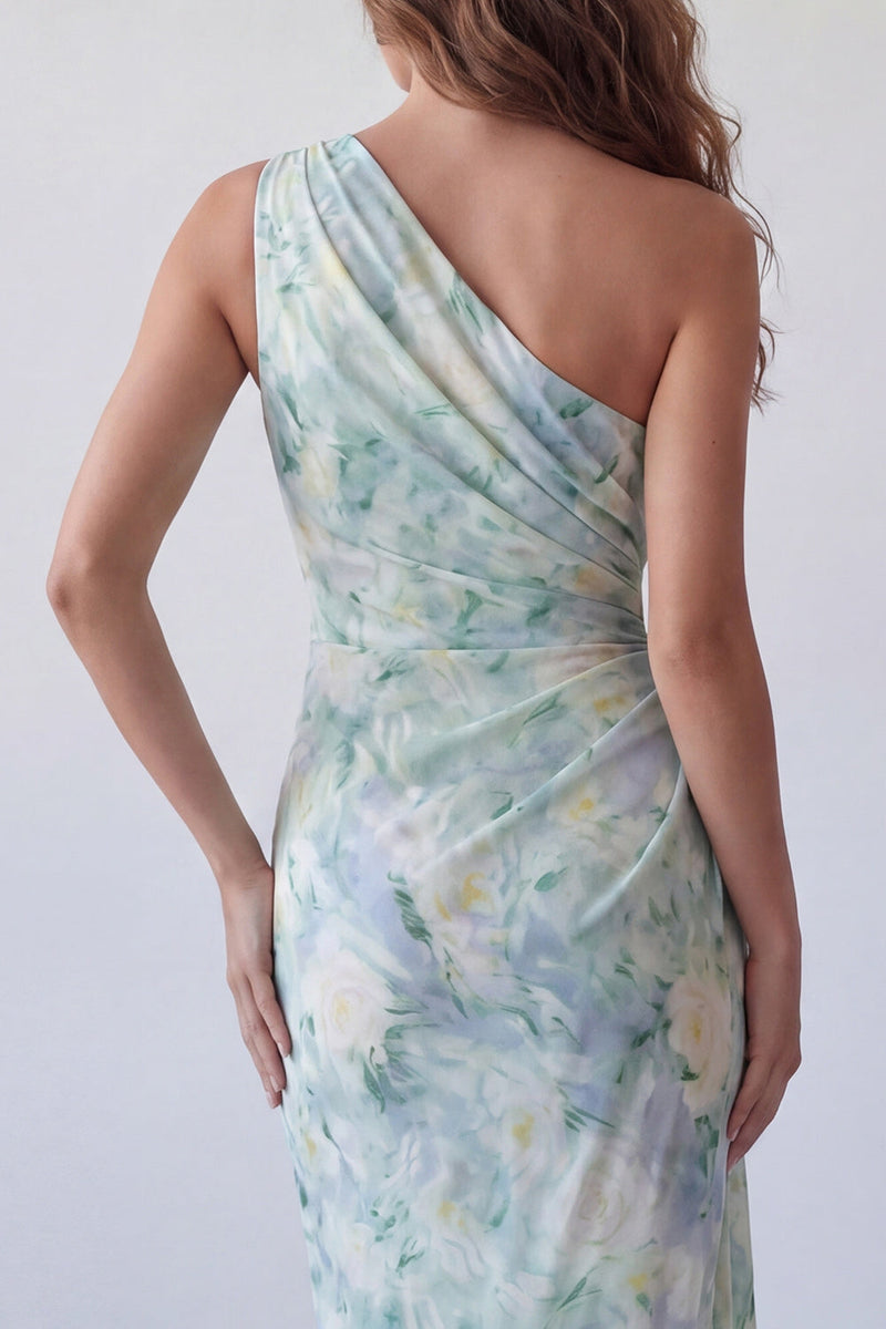 Laden Sie das Bild in den Galerie-Viewer, Ein schulterfarbenes, hellgrünes, gerafftes Meerjungfrauen-Festkleid mit einer Schulter