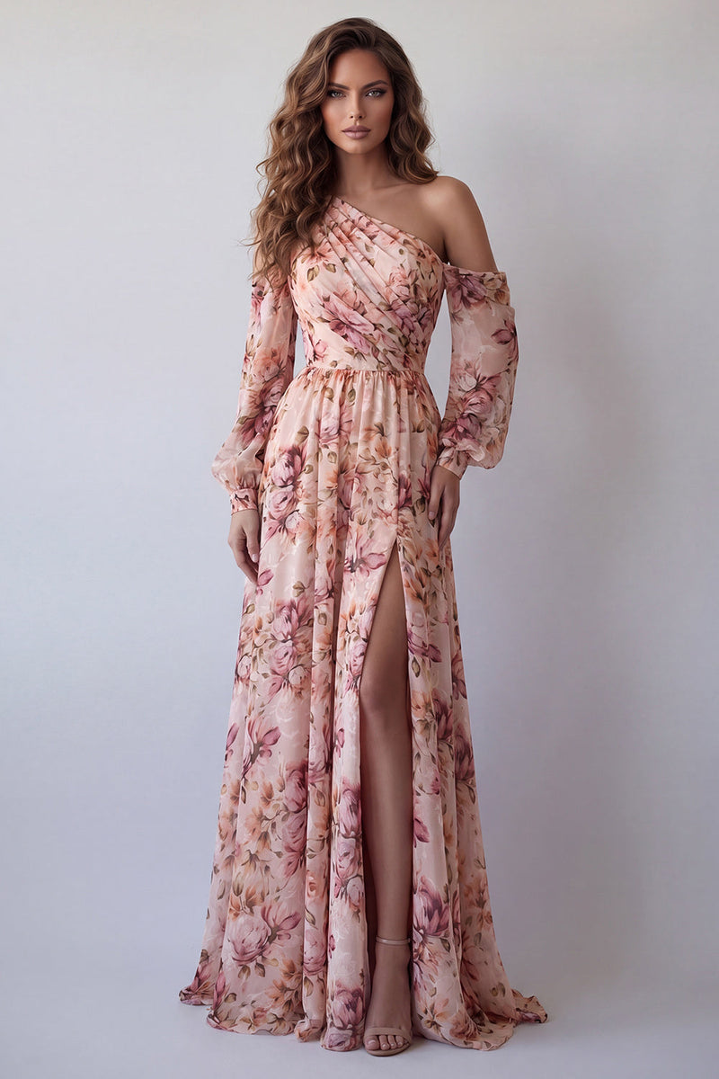 Laden Sie das Bild in den Galerie-Viewer, Einschulter-Pink A-Linien-langärmeliges Blumenkleid mit Schlitz