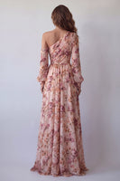 Laden Sie das Bild in den Galerie-Viewer, Einschulter-Pink A-Linien-langärmeliges Blumenkleid mit Schlitz