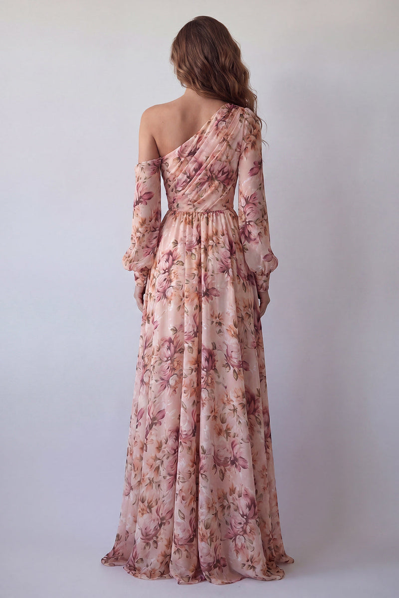 Laden Sie das Bild in den Galerie-Viewer, Einschulter-Pink A-Linien-langärmeliges Blumenkleid mit Schlitz