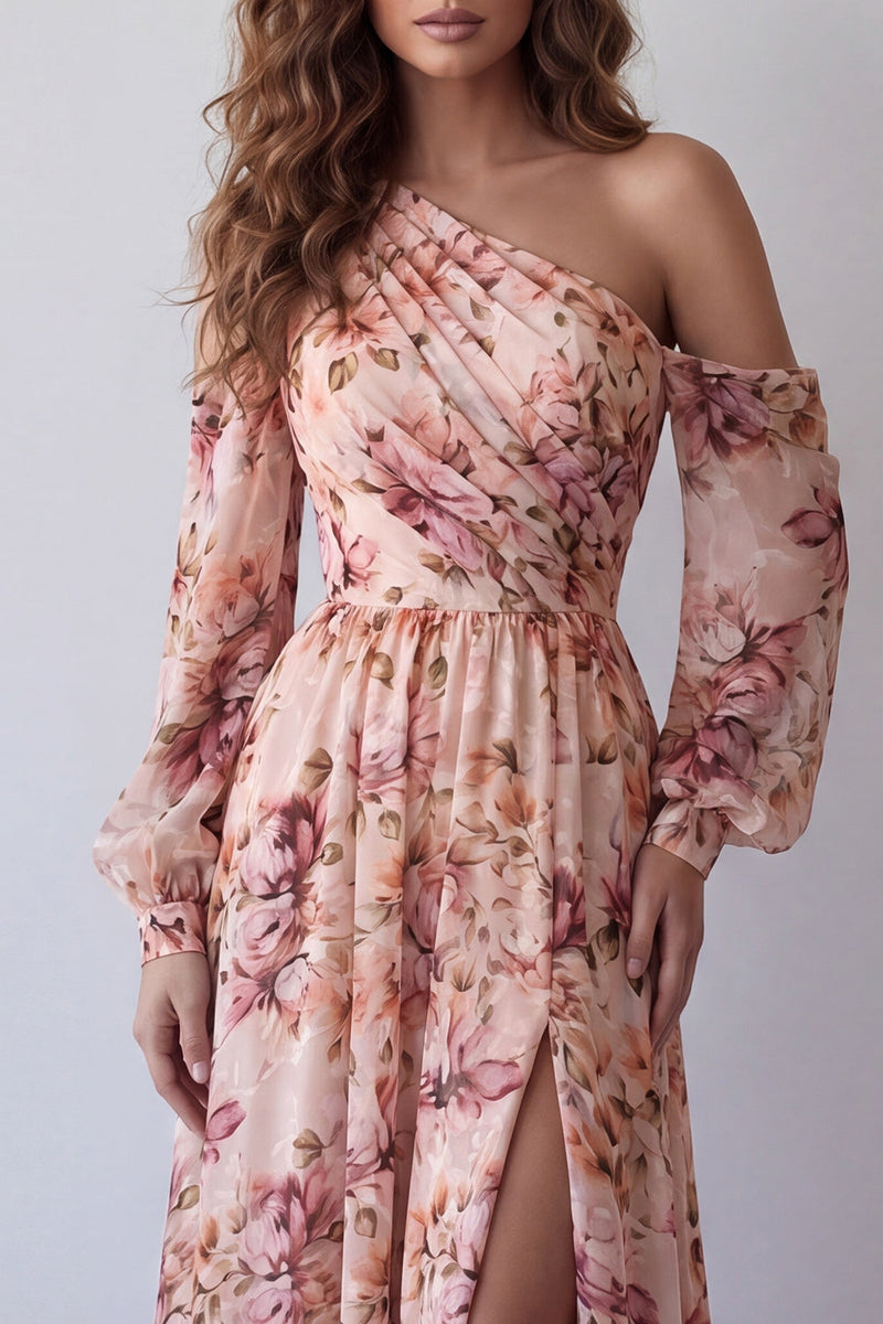 Laden Sie das Bild in den Galerie-Viewer, Einschulter-Pink A-Linien-langärmeliges Blumenkleid mit Schlitz