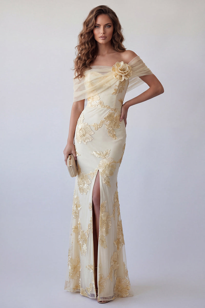 Laden Sie das Bild in den Galerie-Viewer, Schulterloses, hellgelbes, besticktes Meerjungfrauen-Festkleid