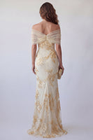Laden Sie das Bild in den Galerie-Viewer, Schulterloses, hellgelbes, besticktes Meerjungfrauen-Festkleid
