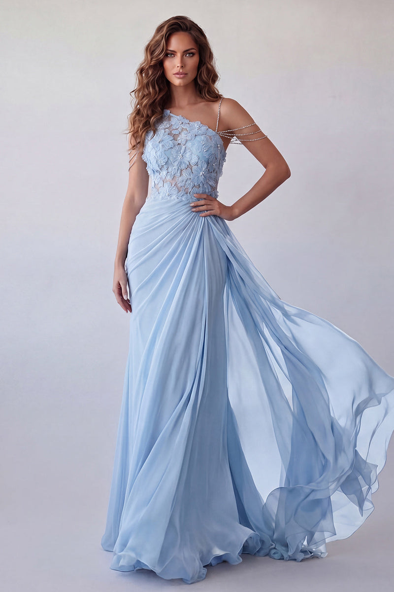 Laden Sie das Bild in den Galerie-Viewer, Ein schulteriges himmelblaues applikiertes Chiffon-Festkleid mit Girlande
