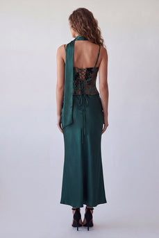 Dunkelgrünes Spaghettiträger Meerjungfrauen-Festkleid mit Halsschal