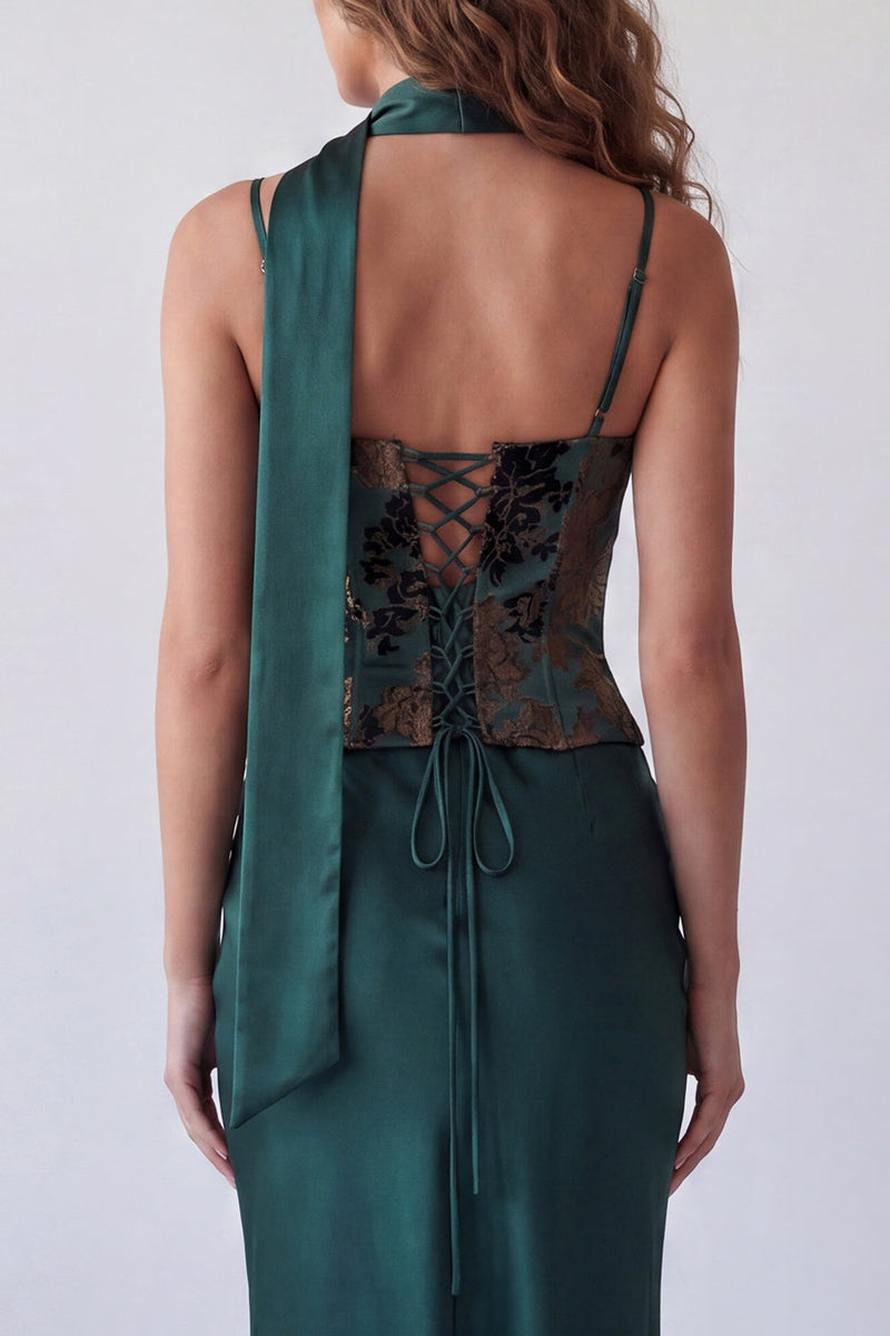 Laden Sie das Bild in den Galerie-Viewer, Dunkelgrünes Spaghettiträger Meerjungfrauen-Festkleid mit Halsschal