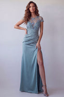 Laden Sie das Bild in den Galerie-Viewer, Graublaues, transparentes, florales Kurzarmkleid mit kurzärmligem Mantel