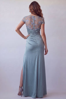 Graublaues, transparentes, florales Kurzarmkleid mit kurzärmligem Mantel