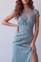 Laden Sie das Bild in den Galerie-Viewer, Graublaues, transparentes, florales Kurzarmkleid mit kurzärmligem Mantel