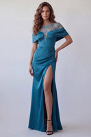 Laden Sie das Bild in den Galerie-Viewer, Off-the-shoulder Pfauenblaues, transparentes florales Satin-Meerjungfrauen-Festkleid