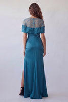 Laden Sie das Bild in den Galerie-Viewer, Off-the-shoulder Pfauenblaues, transparentes florales Satin-Meerjungfrauen-Festkleid