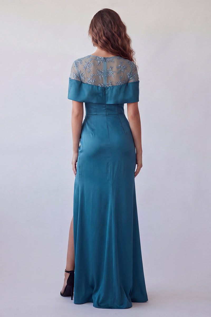 Laden Sie das Bild in den Galerie-Viewer, Off-the-shoulder Pfauenblaues, transparentes florales Satin-Meerjungfrauen-Festkleid