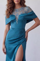 Laden Sie das Bild in den Galerie-Viewer, Off-the-shoulder Pfauenblaues, transparentes florales Satin-Meerjungfrauen-Festkleid