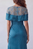 Laden Sie das Bild in den Galerie-Viewer, Off-the-shoulder Pfauenblaues, transparentes florales Satin-Meerjungfrauen-Festkleid