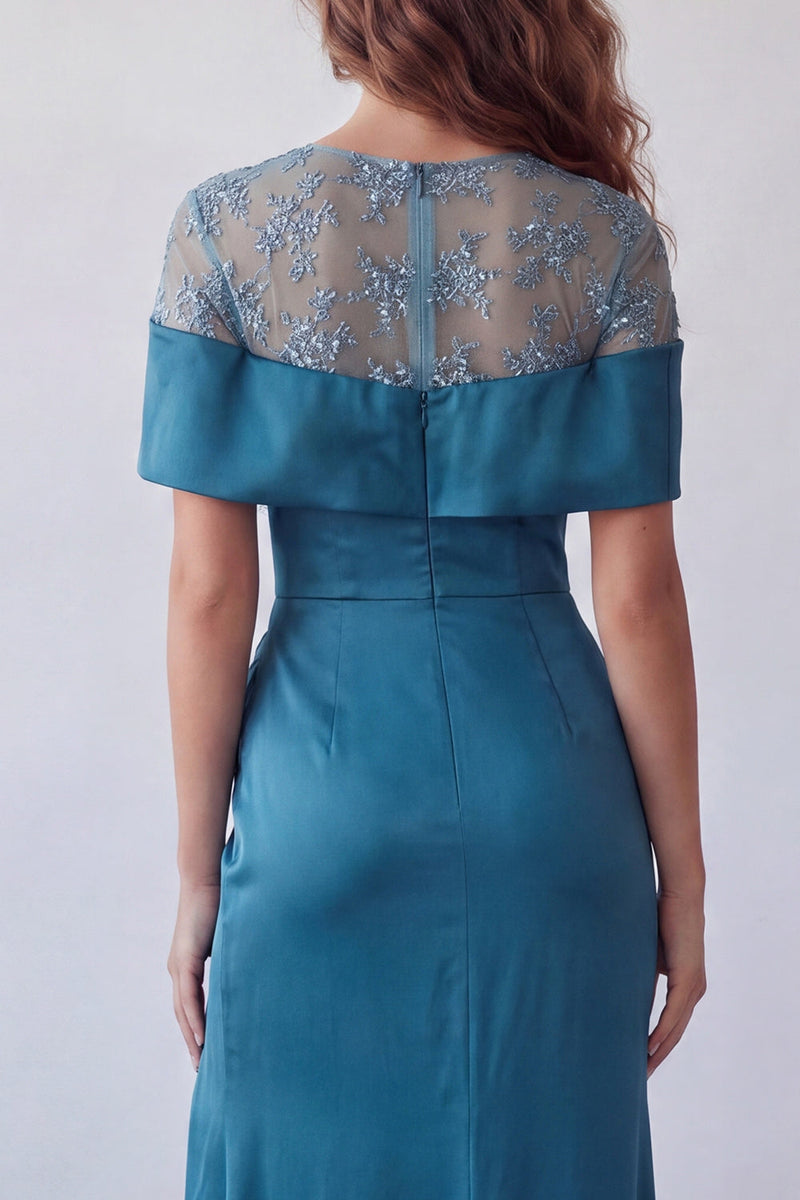 Laden Sie das Bild in den Galerie-Viewer, Off-the-shoulder Pfauenblaues, transparentes florales Satin-Meerjungfrauen-Festkleid