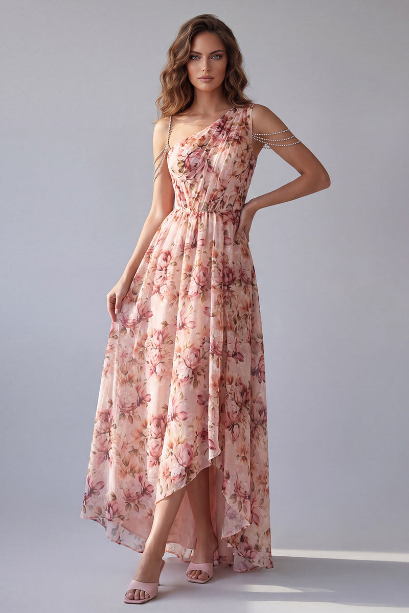 Laden Sie das Bild in den Galerie-Viewer, Ein Schulter pinkfarbenes Blumenmuster A-Linie formelles Kleid