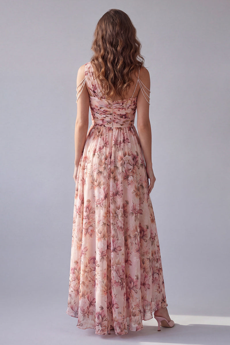 Laden Sie das Bild in den Galerie-Viewer, Ein Schulter pinkfarbenes Blumenmuster A-Linie formelles Kleid