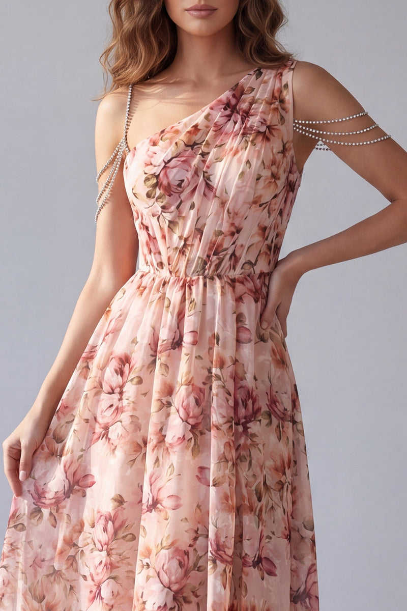 Laden Sie das Bild in den Galerie-Viewer, Ein Schulter pinkfarbenes Blumenmuster A-Linie formelles Kleid