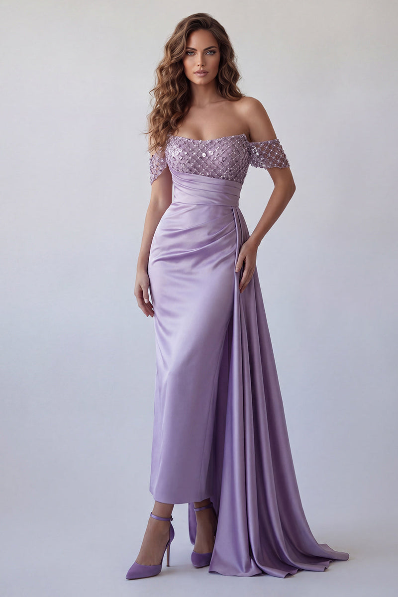 Laden Sie das Bild in den Galerie-Viewer, Glitzerndes hellviolettes Off-the-Shoulder-Sheath-Festkleid mit Girlande