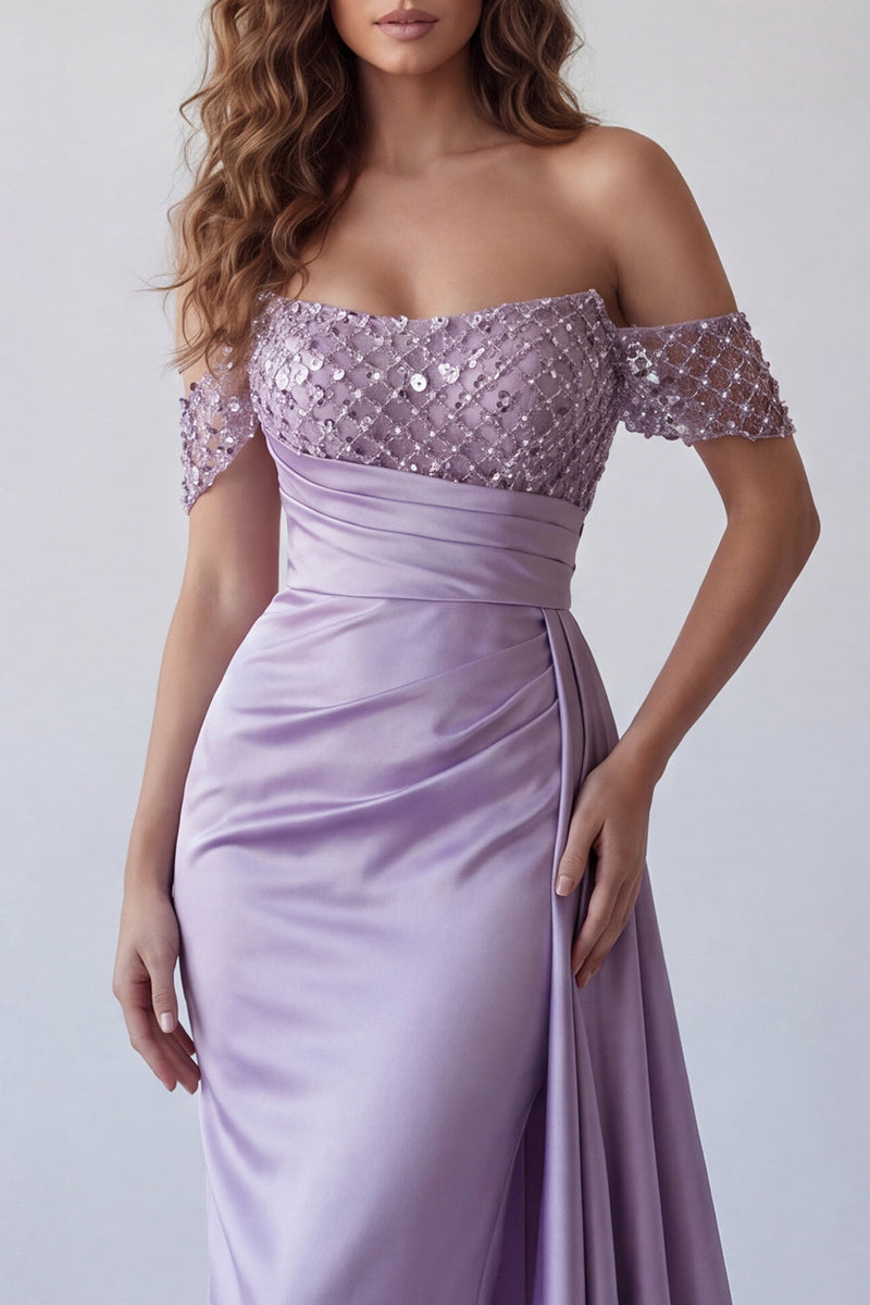 Laden Sie das Bild in den Galerie-Viewer, Glitzerndes hellviolettes Off-the-Shoulder-Sheath-Festkleid mit Girlande