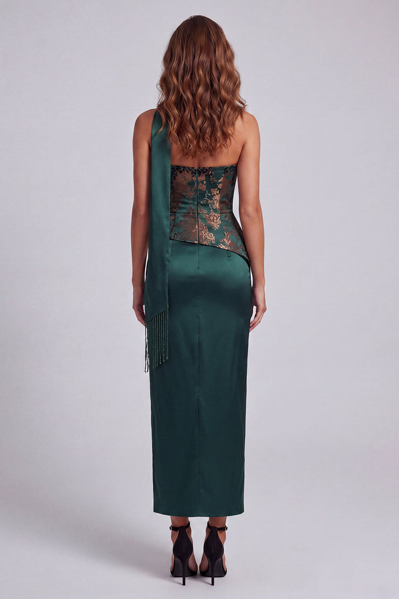 Laden Sie das Bild in den Galerie-Viewer, Trägerloses, dunkelgrünes Festkleid mit trägerloser Hülle