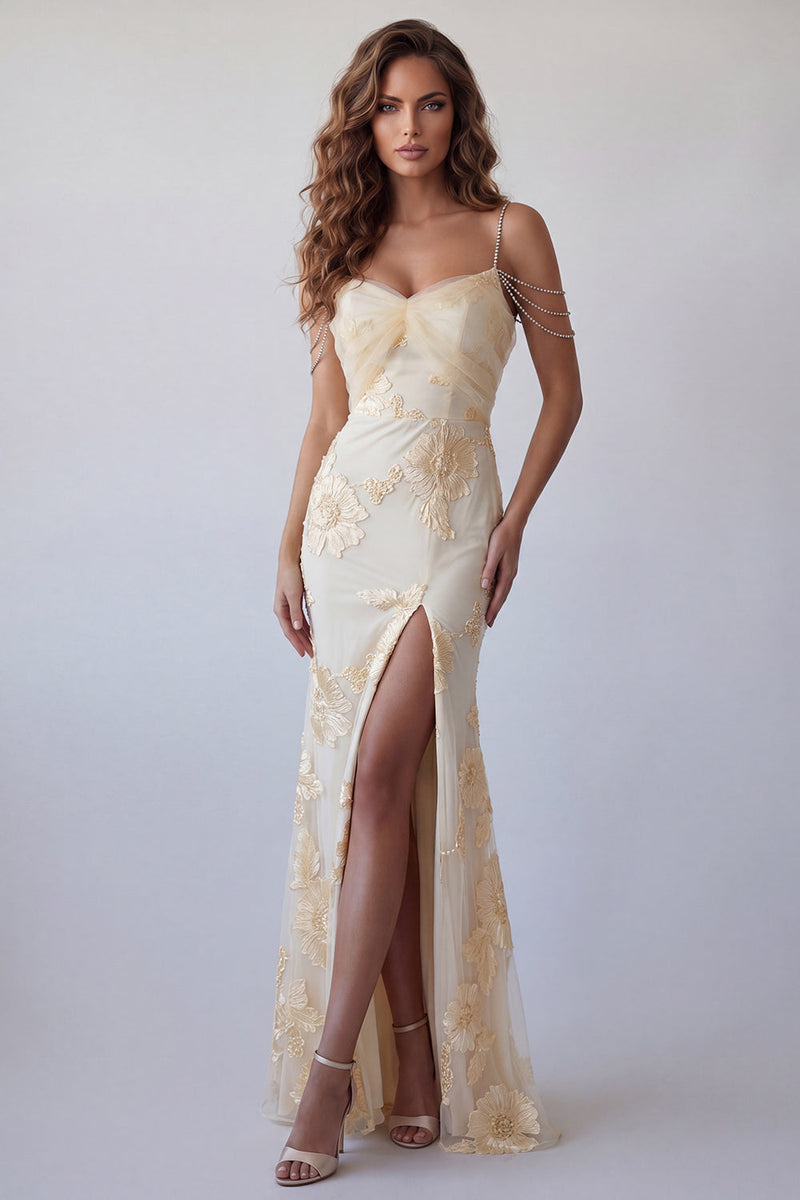 Laden Sie das Bild in den Galerie-Viewer, Hellgelbes, geblumiges Meerjungfrauen-Festkleid mit Streißkettenträgern