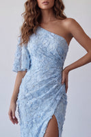 Laden Sie das Bild in den Galerie-Viewer, Einschulter-Himmelblau-applikiertes Meerjungfrauen-Festkleid