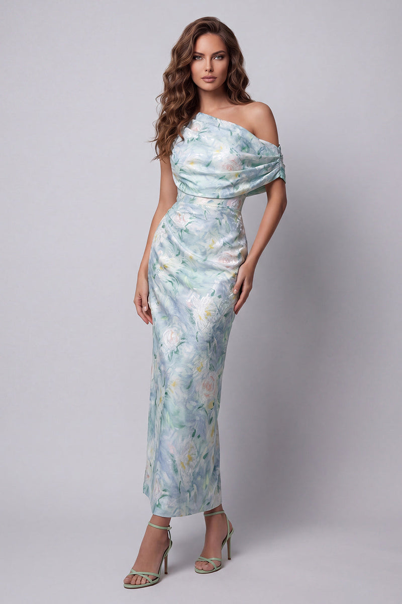 Laden Sie das Bild in den Galerie-Viewer, Ein schulteriges hellgrünes Blumen-Scheiden-Festkleid