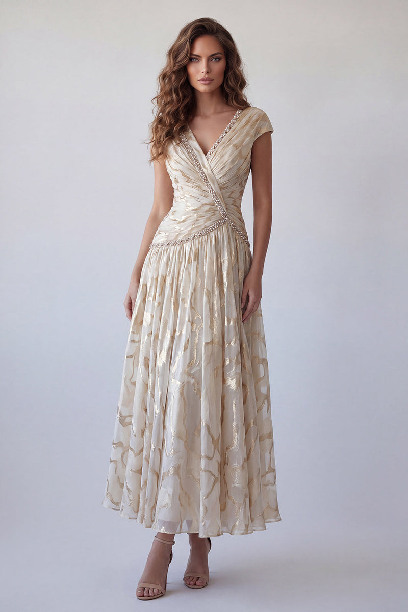 Laden Sie das Bild in den Galerie-Viewer, Champagner-A-Linie, gerafftes, V-Ausschnitt-bedrucktes formelles Kleid mit Mützenärmeln