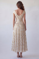Laden Sie das Bild in den Galerie-Viewer, Champagner-A-Linie, gerafftes, V-Ausschnitt-bedrucktes formelles Kleid mit Mützenärmeln