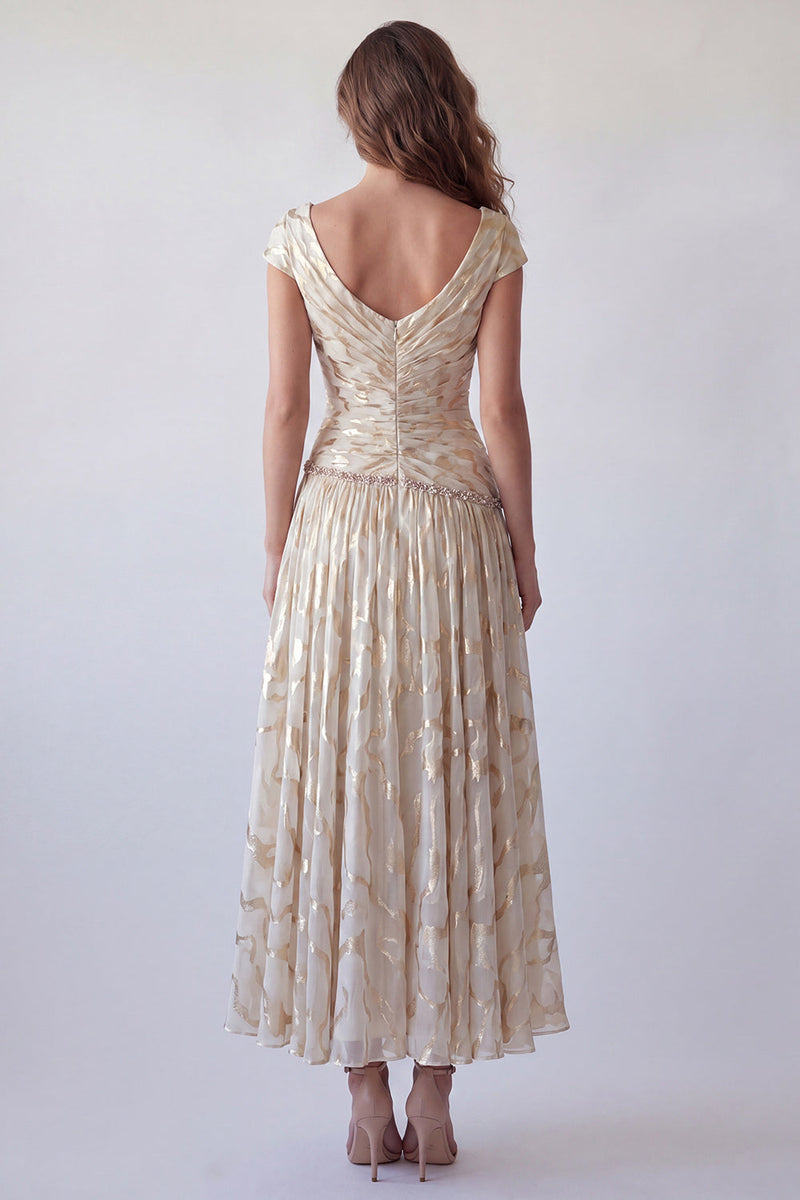 Laden Sie das Bild in den Galerie-Viewer, Champagner-A-Linie, gerafftes, V-Ausschnitt-bedrucktes formelles Kleid mit Mützenärmeln