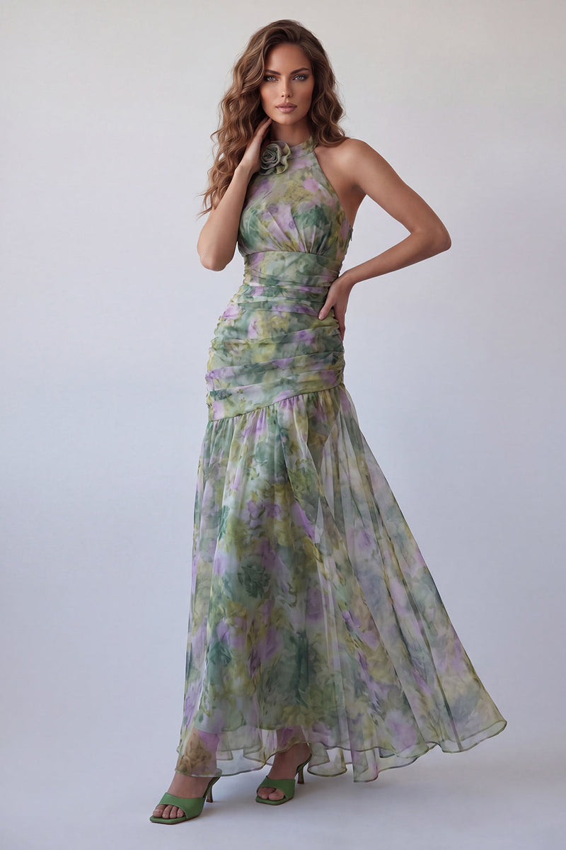 Laden Sie das Bild in den Galerie-Viewer, Staubiges Salbei-Chiffon A-Linie, gerafftes Blumenhalshalter-Langzeitkleid
