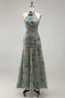 Laden Sie das Bild in den Galerie-Viewer, Staubiges Salbei Chiffon A-Linie Gerafftes Blumen Halter Langes Ballkleid