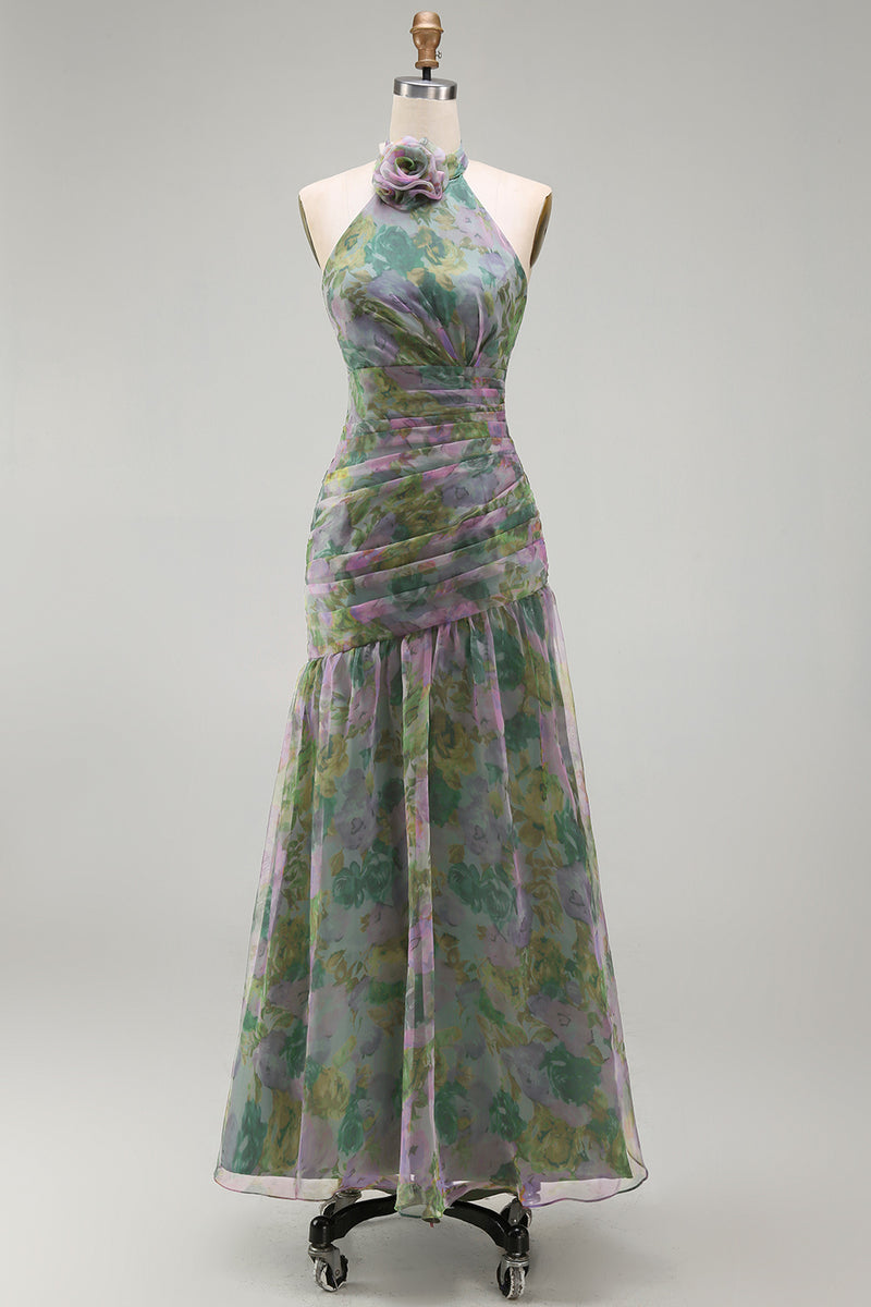 Laden Sie das Bild in den Galerie-Viewer, Staubiges Salbei Chiffon A-Linie Gerafftes Blumen Halter Langes Ballkleid