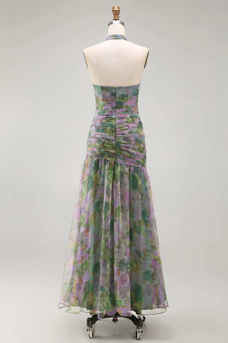 Laden Sie das Bild in den Galerie-Viewer, Staubiges Salbei Chiffon A-Linie Gerafftes Blumen Halter Langes Ballkleid