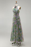 Laden Sie das Bild in den Galerie-Viewer, Staubiges Salbei Chiffon A-Linie Gerafftes Blumen Halter Langes Ballkleid