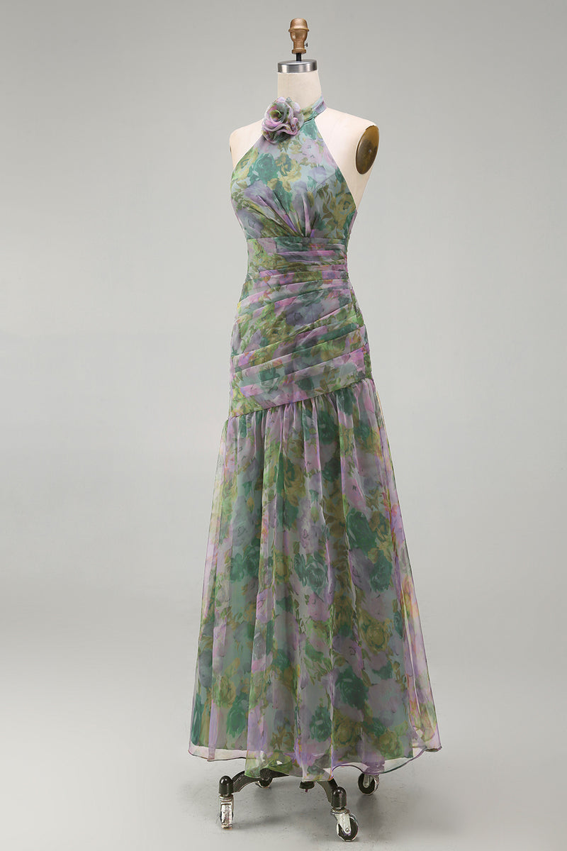Laden Sie das Bild in den Galerie-Viewer, Staubiges Salbei Chiffon A-Linie Gerafftes Blumen Halter Langes Ballkleid