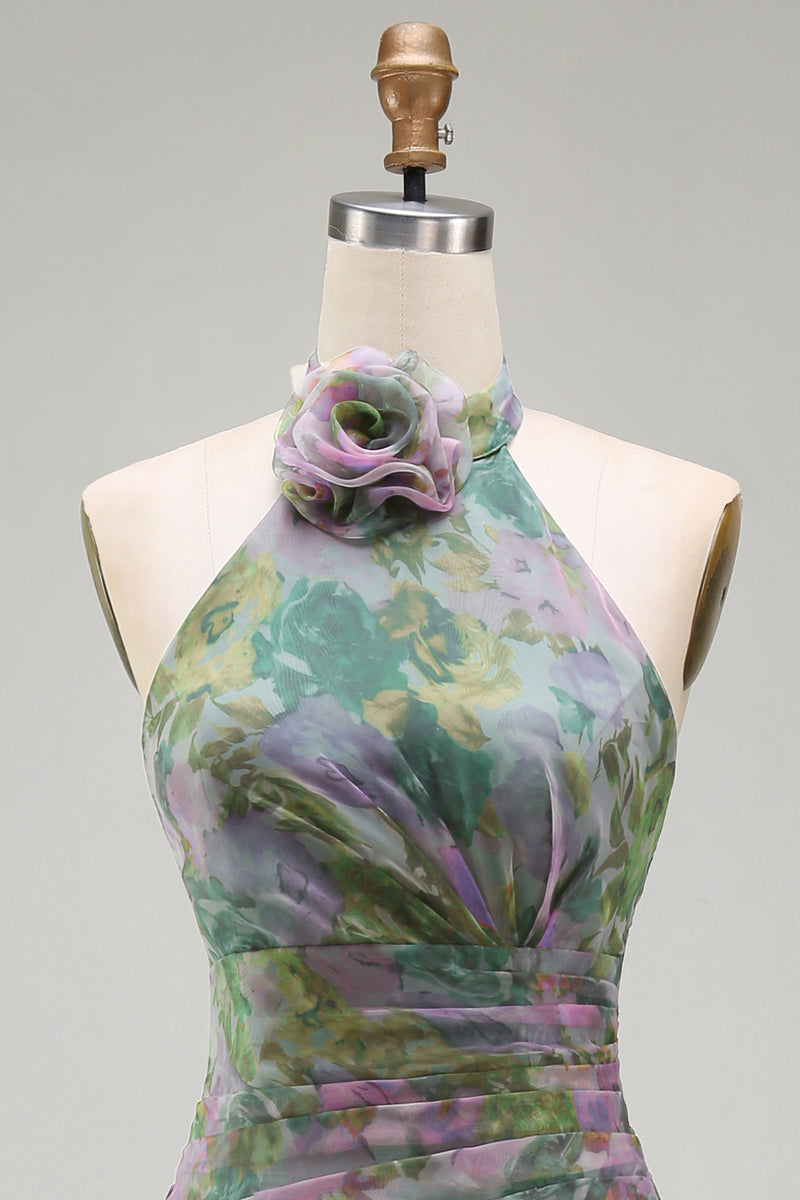 Laden Sie das Bild in den Galerie-Viewer, Staubiges Salbei Chiffon A-Linie Gerafftes Blumen Halter Langes Ballkleid