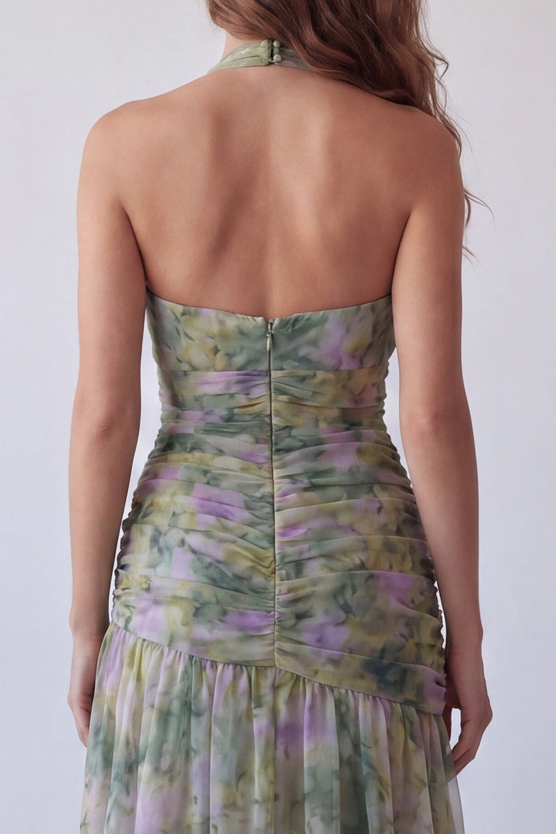Laden Sie das Bild in den Galerie-Viewer, Staubiges Salbei-Chiffon A-Linie, gerafftes Blumenhalshalter-Langzeitkleid